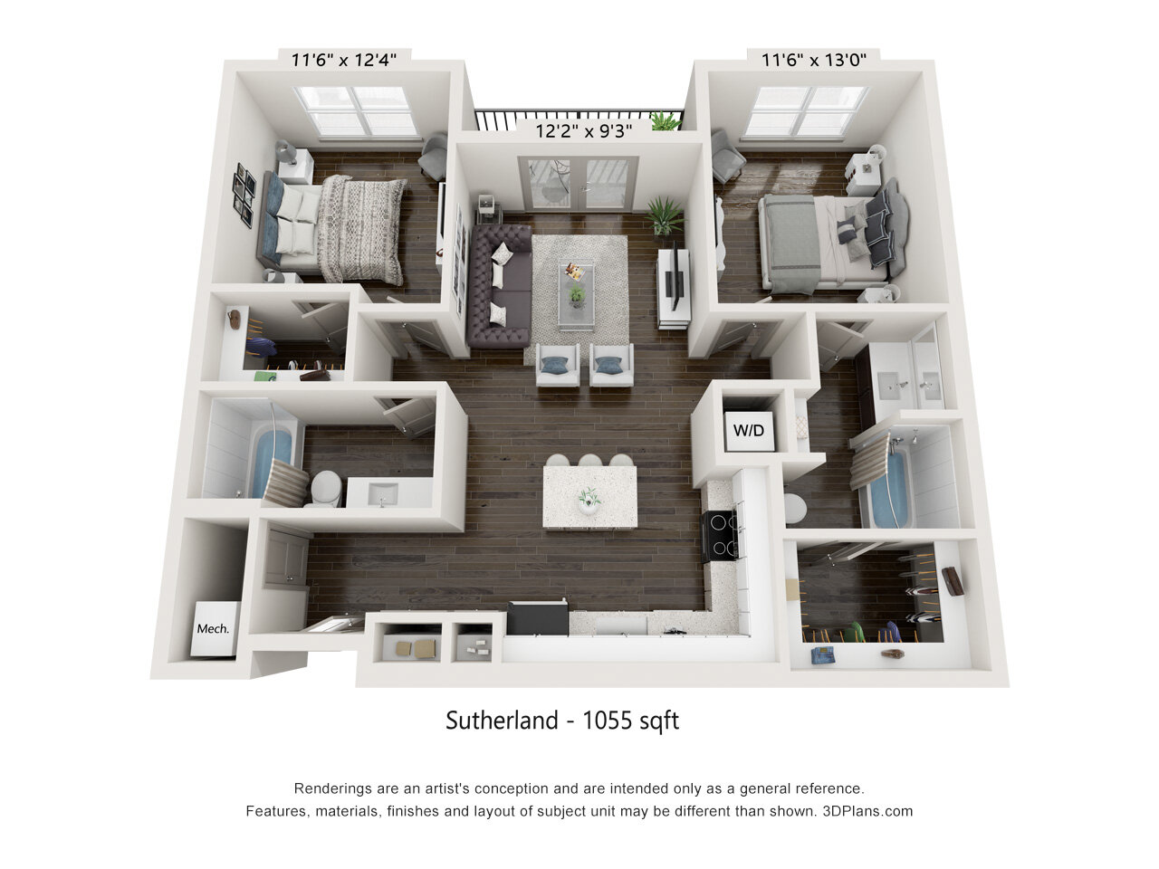 Floor plan for 2 beds, 2 baths, 1055 sqft